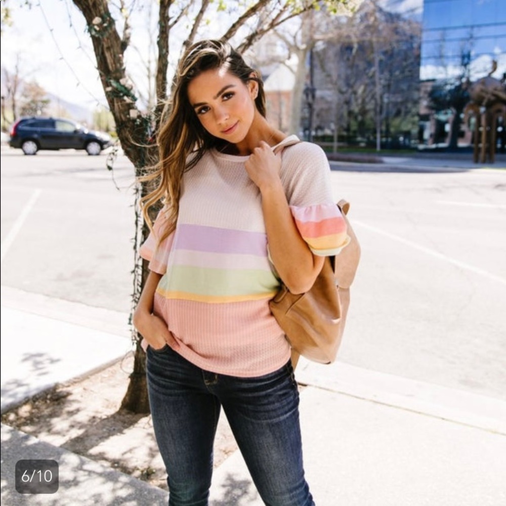 NWOT Celeste, White Waffle Knit Tee with Rainbow Banding - Size Small